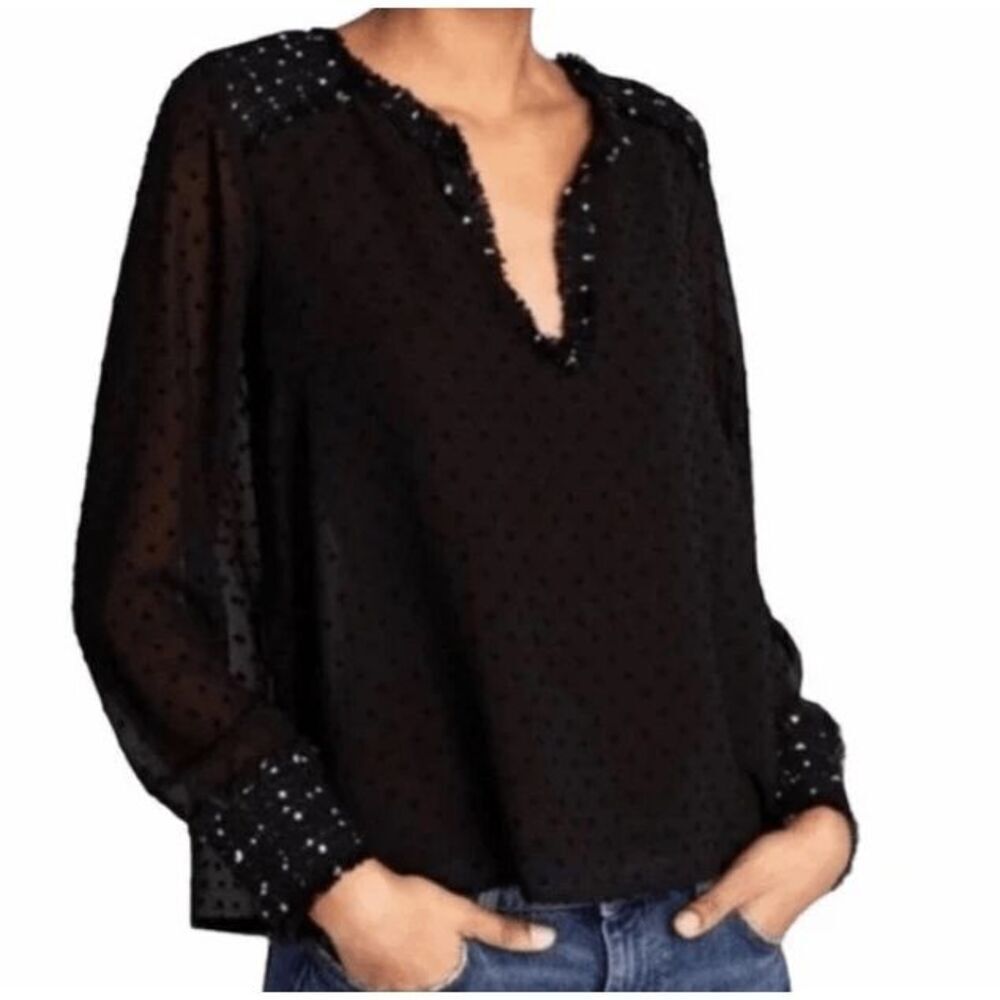 ZARA Women's Black Swiss Dot V-Neck Chiffon Top size XS